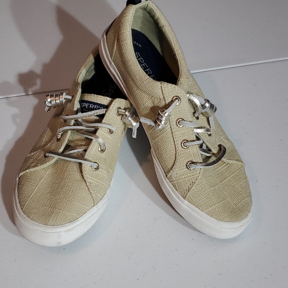 Sperry Women's Tan Casual Beige Sparkly Canvas Sneakers